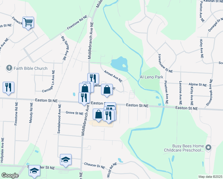 map of restaurants, bars, coffee shops, grocery stores, and more near 6601 Drossel Avenue Northeast in Canton