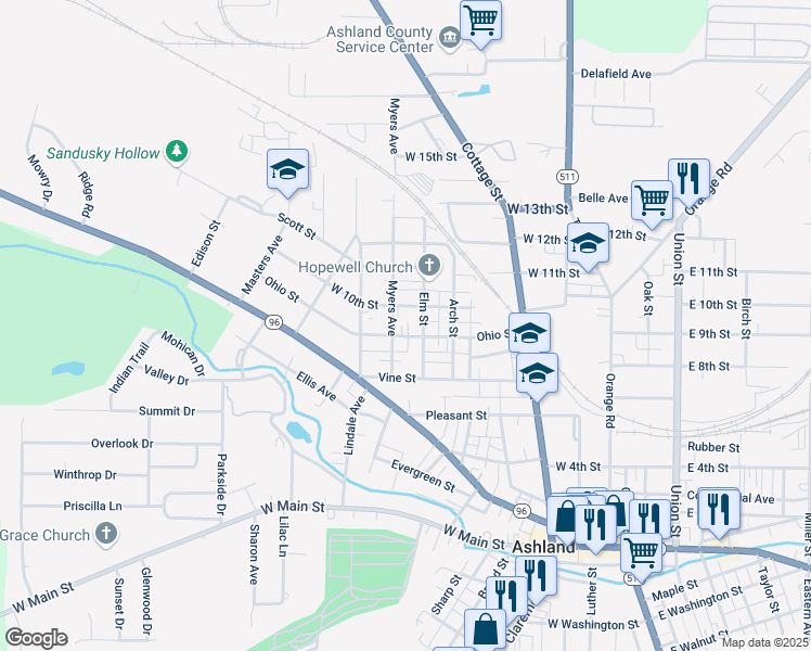 map of restaurants, bars, coffee shops, grocery stores, and more near 424 Ohio Street in Ashland