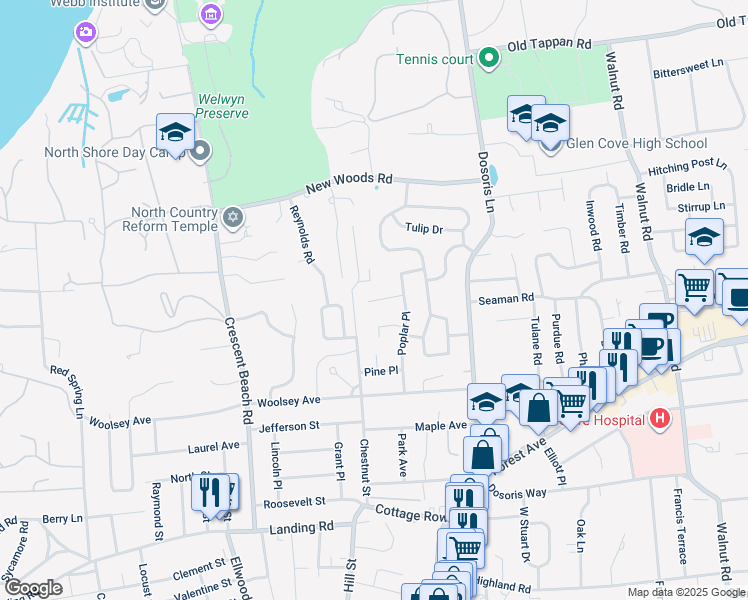map of restaurants, bars, coffee shops, grocery stores, and more near Flower Lane in Glen Cove