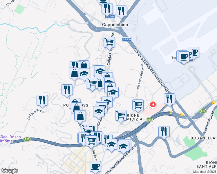 map of restaurants, bars, coffee shops, grocery stores, and more near 224 Calata Capodichino in Napoli