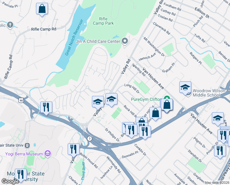 map of restaurants, bars, coffee shops, grocery stores, and more near 161 Rock Hill Road in Clifton