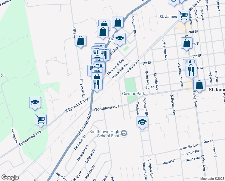 map of restaurants, bars, coffee shops, grocery stores, and more near 21 Fiore Court in Saint James