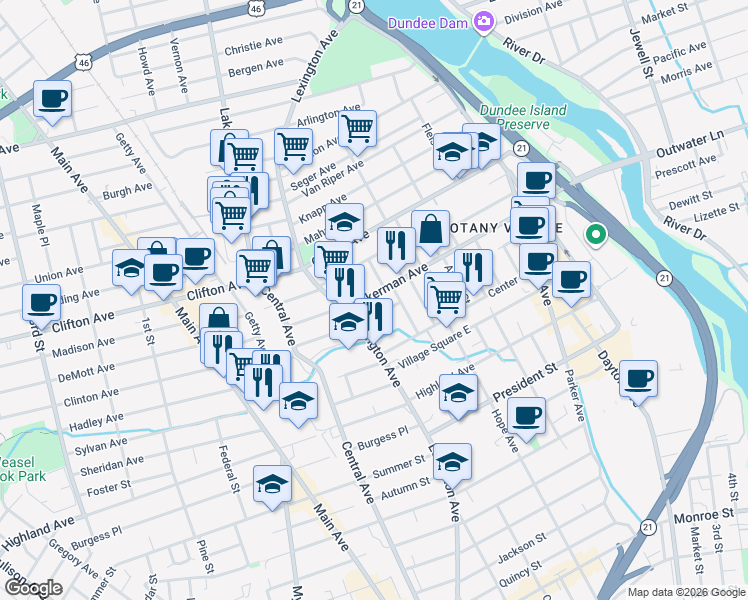 map of restaurants, bars, coffee shops, grocery stores, and more near 281 Ackerman Avenue in Clifton