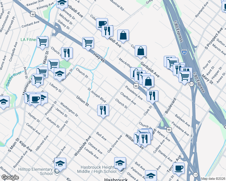 map of restaurants, bars, coffee shops, grocery stores, and more near 100 Charlton Avenue in Lodi