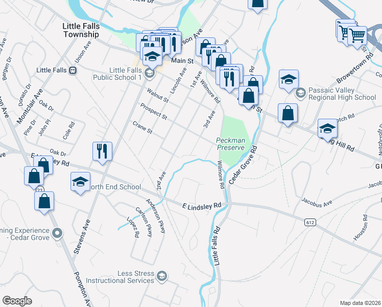 map of restaurants, bars, coffee shops, grocery stores, and more near 1 Park Lane in Little Falls