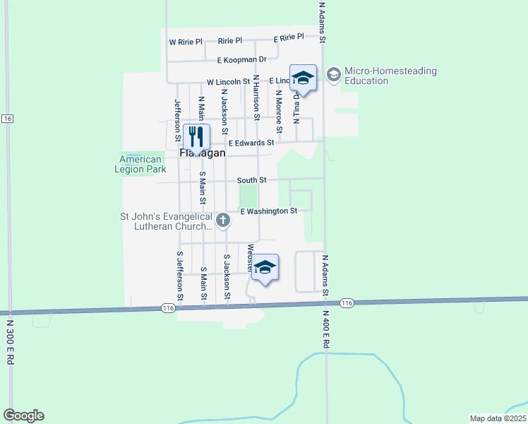 map of restaurants, bars, coffee shops, grocery stores, and more near 210 South Harrison Street in Flanagan