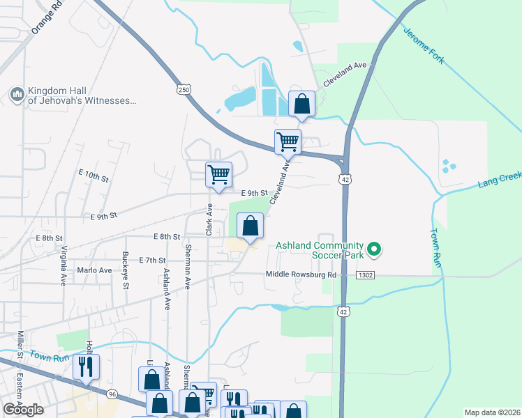 map of restaurants, bars, coffee shops, grocery stores, and more near Unnamed Road in Ashland