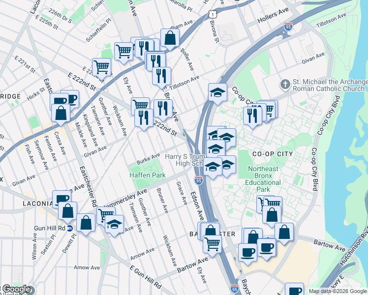 map of restaurants, bars, coffee shops, grocery stores, and more near 3134 Edson Avenue in Bronx