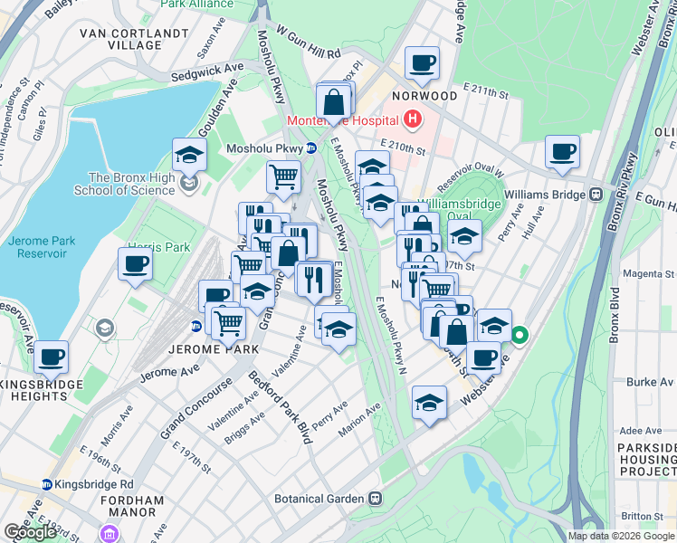 map of restaurants, bars, coffee shops, grocery stores, and more near East 205th Street in Bronx