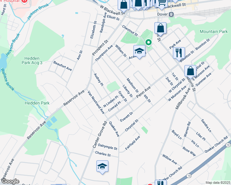 map of restaurants, bars, coffee shops, grocery stores, and more near 49 North Linden Place in Dover