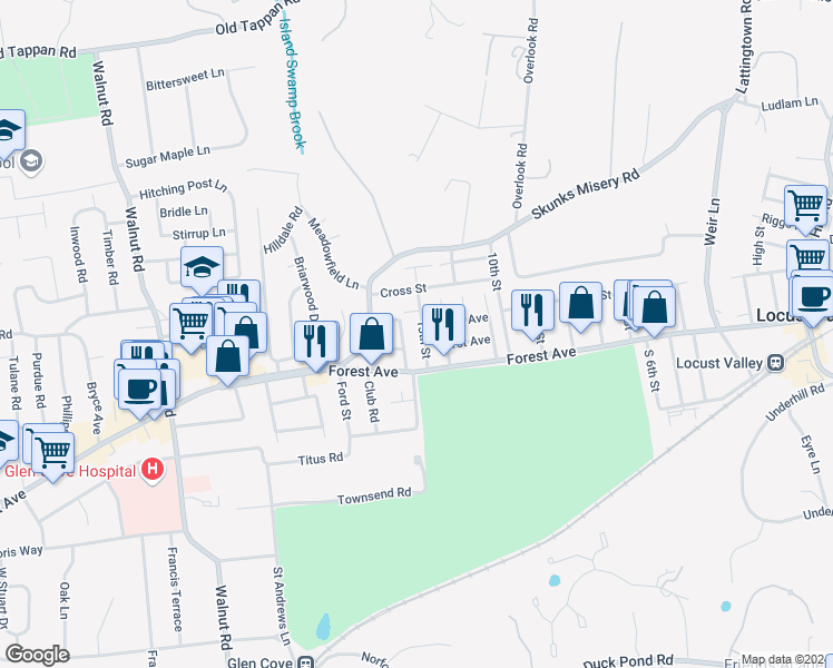 map of restaurants, bars, coffee shops, grocery stores, and more near 20 14th Street in Locust Valley