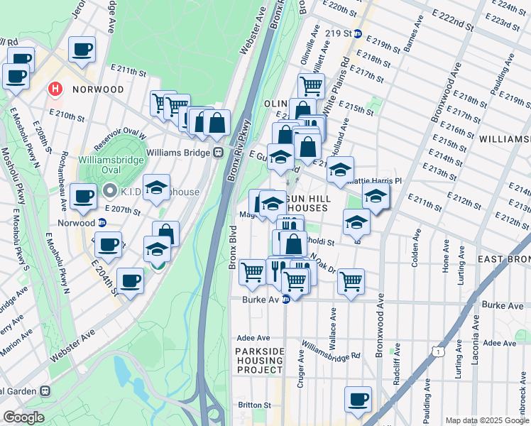 map of restaurants, bars, coffee shops, grocery stores, and more near 3360 Barker Avenue in Bronx