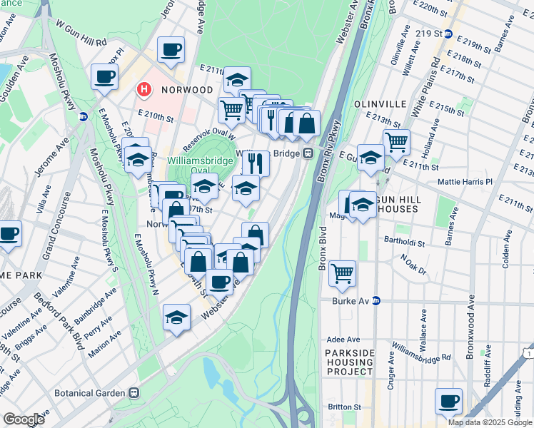 map of restaurants, bars, coffee shops, grocery stores, and more near 3249 Parkside Place in Bronx
