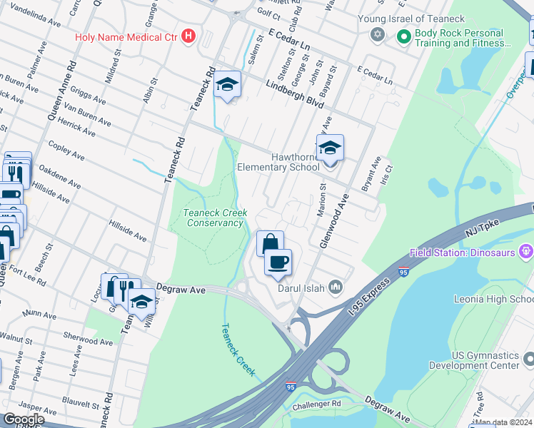map of restaurants, bars, coffee shops, grocery stores, and more near 10 Lawrence Court in Teaneck