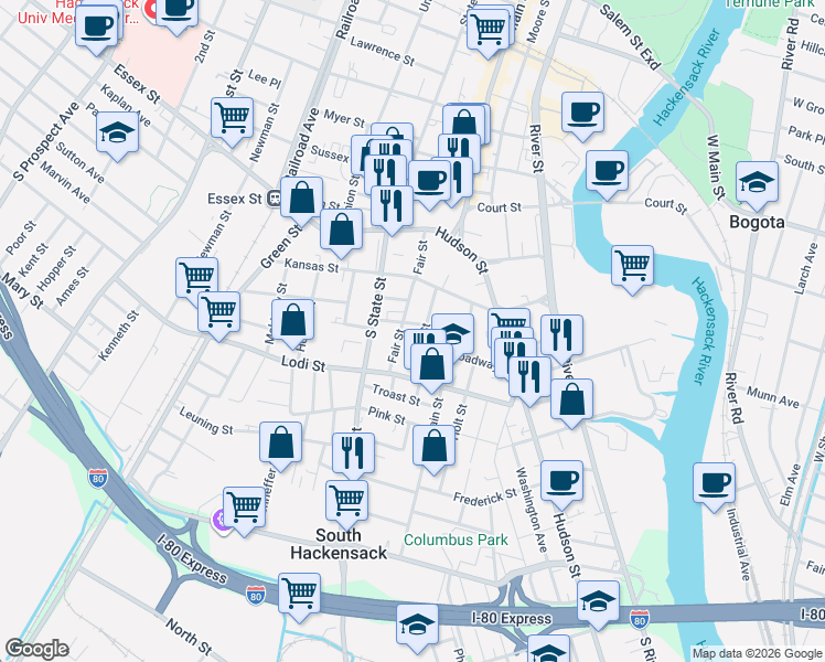 map of restaurants, bars, coffee shops, grocery stores, and more near 76 Broadway in Hackensack