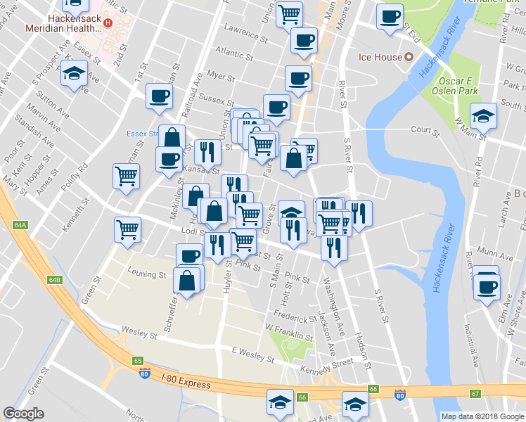 map of restaurants, bars, coffee shops, grocery stores, and more near 76 Broadway in Hackensack
