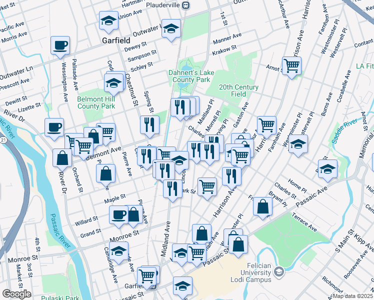 map of restaurants, bars, coffee shops, grocery stores, and more near 269 Lincoln Place in Garfield