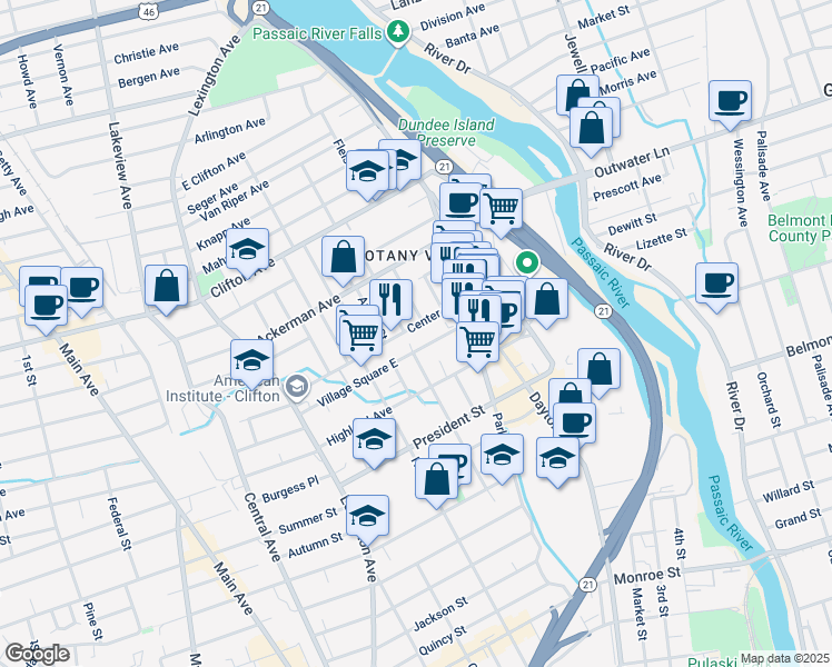 map of restaurants, bars, coffee shops, grocery stores, and more near 80 Lake Avenue in Clifton