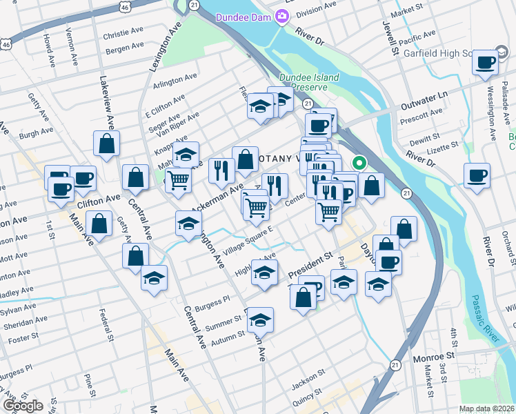 map of restaurants, bars, coffee shops, grocery stores, and more near 75 Center Street in Clifton