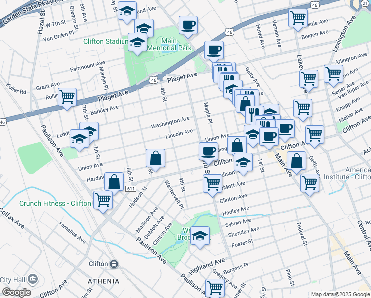 map of restaurants, bars, coffee shops, grocery stores, and more near 180 Harding Avenue in Clifton