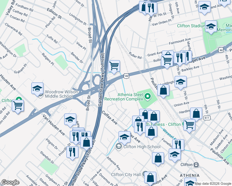 map of restaurants, bars, coffee shops, grocery stores, and more near 5203 Burwood Road in Clifton