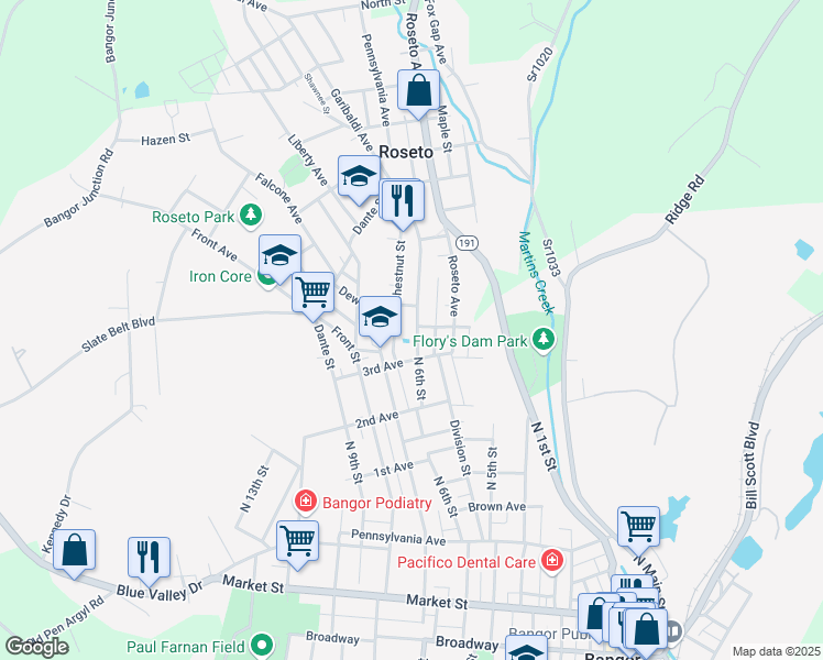 map of restaurants, bars, coffee shops, grocery stores, and more near 608 North 6th Street in Bangor