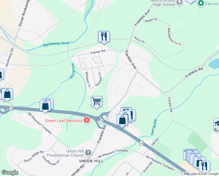 map of restaurants, bars, coffee shops, grocery stores, and more near 3109 Scenic Court in Denville