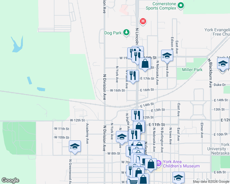 map of restaurants, bars, coffee shops, grocery stores, and more near 1523 North York Avenue in York