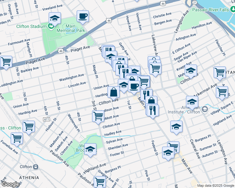 map of restaurants, bars, coffee shops, grocery stores, and more near 91 Harding Avenue in Clifton