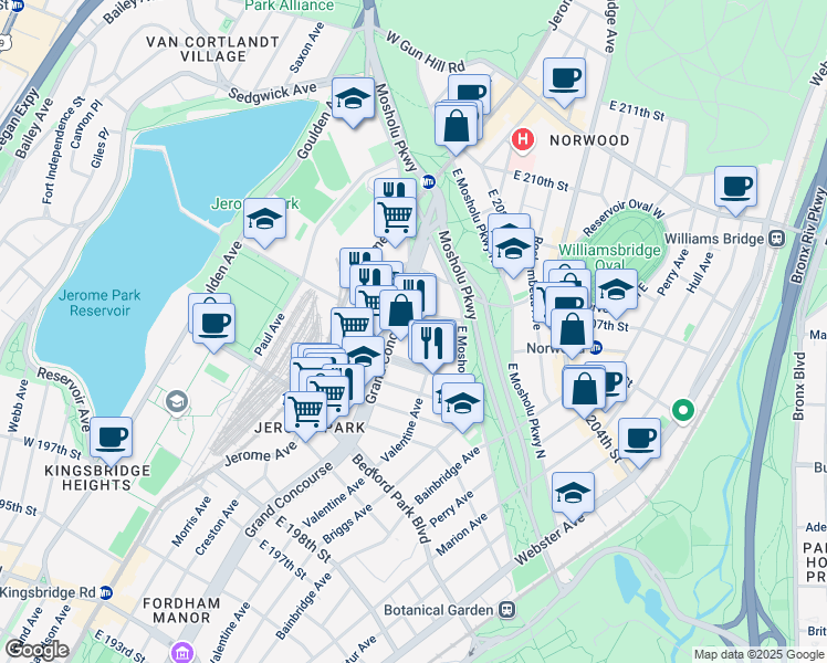 map of restaurants, bars, coffee shops, grocery stores, and more near in The Bronx