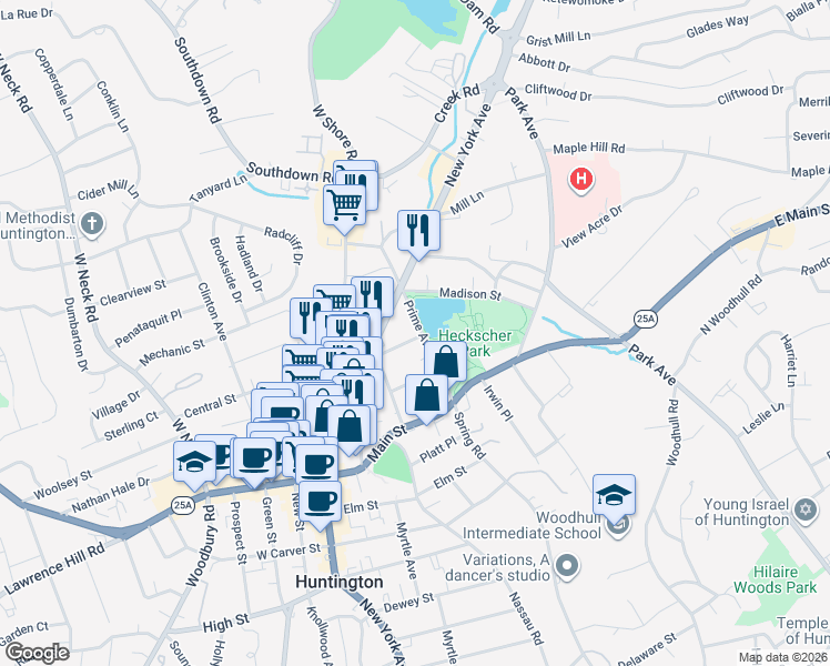 map of restaurants, bars, coffee shops, grocery stores, and more near 59 Prime Avenue in Huntington