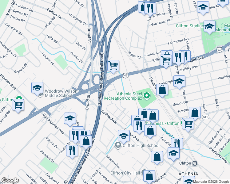 map of restaurants, bars, coffee shops, grocery stores, and more near 5203 Burwood Road in Clifton