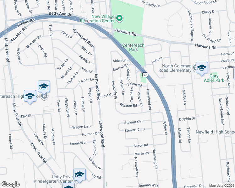 map of restaurants, bars, coffee shops, grocery stores, and more near 9 Fairlawn Lane in Centereach