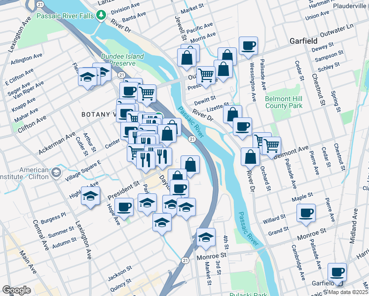 map of restaurants, bars, coffee shops, grocery stores, and more near 88 Dayton Avenue in Passaic