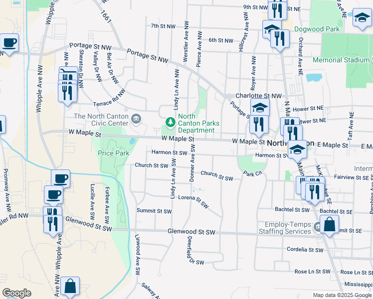 map of restaurants, bars, coffee shops, grocery stores, and more near 709 Harmon Street Southwest in North Canton