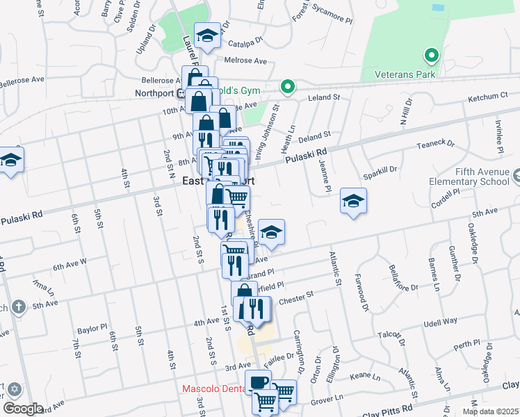 map of restaurants, bars, coffee shops, grocery stores, and more near 10 Cheshire Place in East Northport