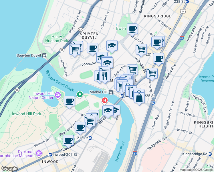 map of restaurants, bars, coffee shops, grocery stores, and more near 177 West 225th Street in New York