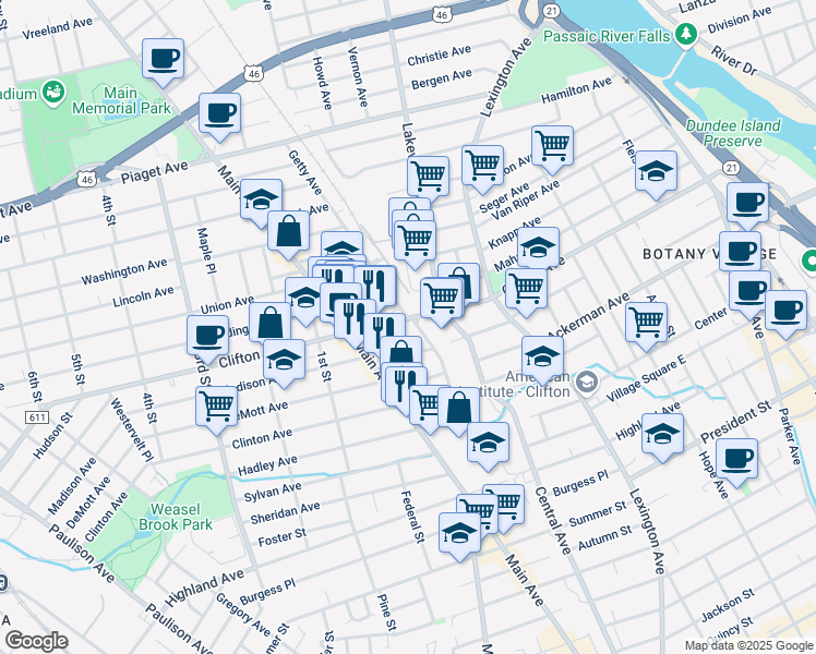 map of restaurants, bars, coffee shops, grocery stores, and more near 16 Madison Avenue in Clifton