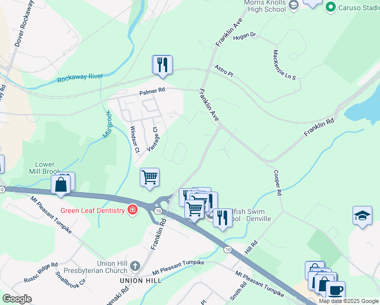 map of restaurants, bars, coffee shops, grocery stores, and more near 3701 Scenic Court in Denville