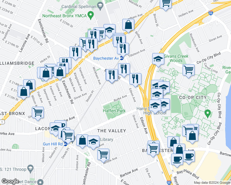 map of restaurants, bars, coffee shops, grocery stores, and more near 3219 Ely Avenue in Bronx