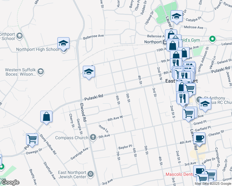 map of restaurants, bars, coffee shops, grocery stores, and more near 631 6th Street in East Northport