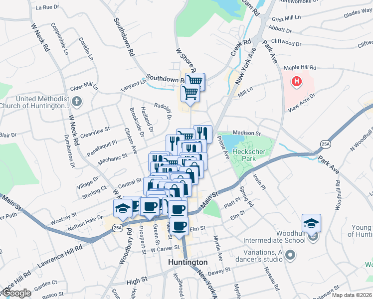 map of restaurants, bars, coffee shops, grocery stores, and more near 76 Wall Street in Huntington