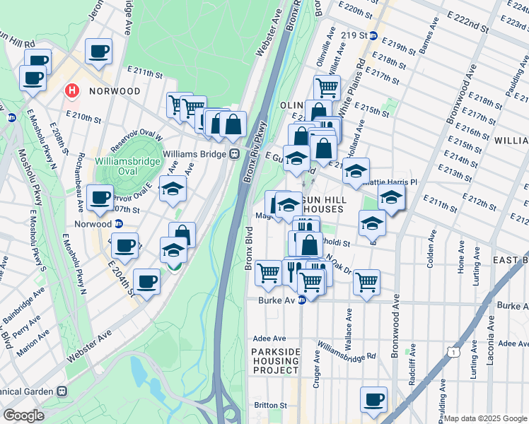 map of restaurants, bars, coffee shops, grocery stores, and more near 3360 Barker Avenue in Bronx