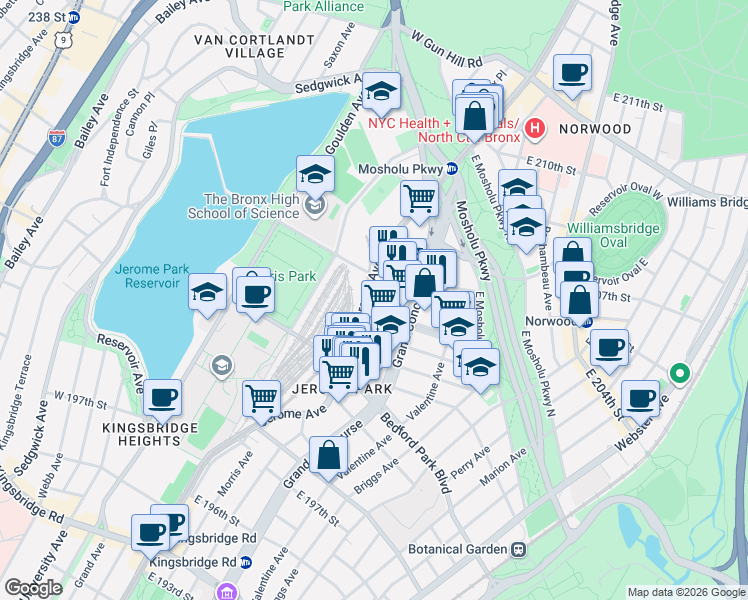 map of restaurants, bars, coffee shops, grocery stores, and more near 3110 Jerome Avenue in The Bronx