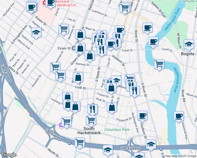map of restaurants, bars, coffee shops, grocery stores, and more near 99 Fair Street in Hackensack