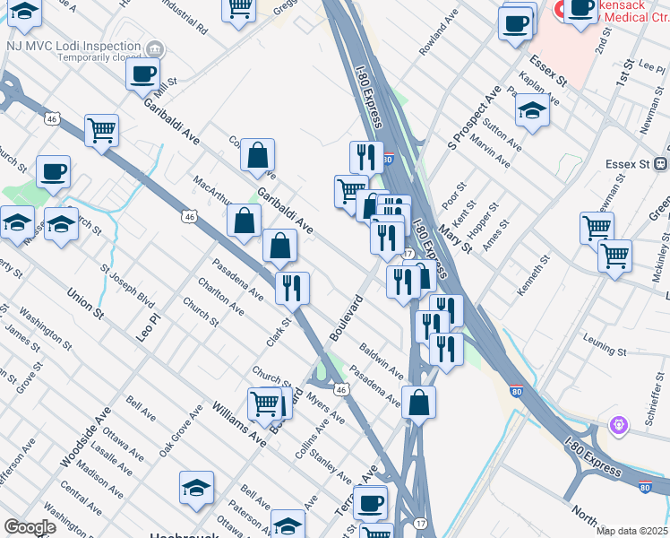 map of restaurants, bars, coffee shops, grocery stores, and more near 39 MacArthur Avenue in Hasbrouck Heights