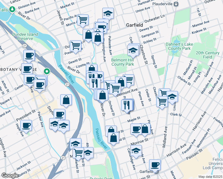 map of restaurants, bars, coffee shops, grocery stores, and more near 35 Belmont Avenue in Garfield