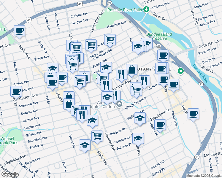 map of restaurants, bars, coffee shops, grocery stores, and more near 281 Ackerman Avenue in Clifton