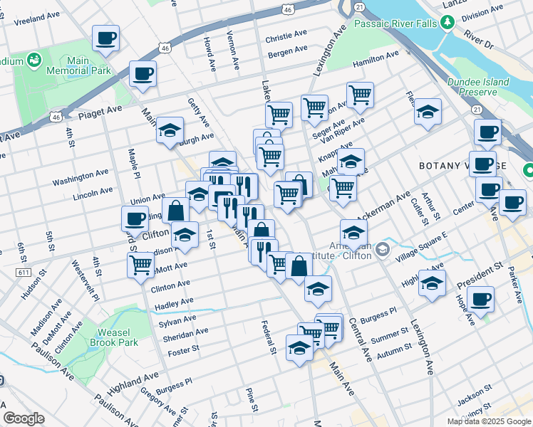 map of restaurants, bars, coffee shops, grocery stores, and more near 16 Madison Avenue in Clifton