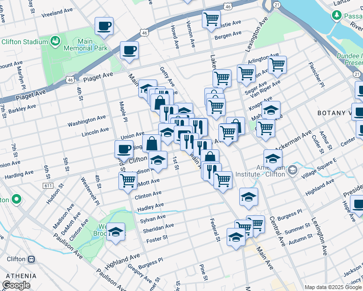 map of restaurants, bars, coffee shops, grocery stores, and more near 343 Clifton Avenue in Clifton